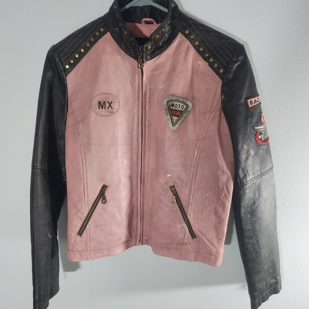Wilsons Leather Pink and Brown Moto Jacket Vintage Y2K Biker Distressed